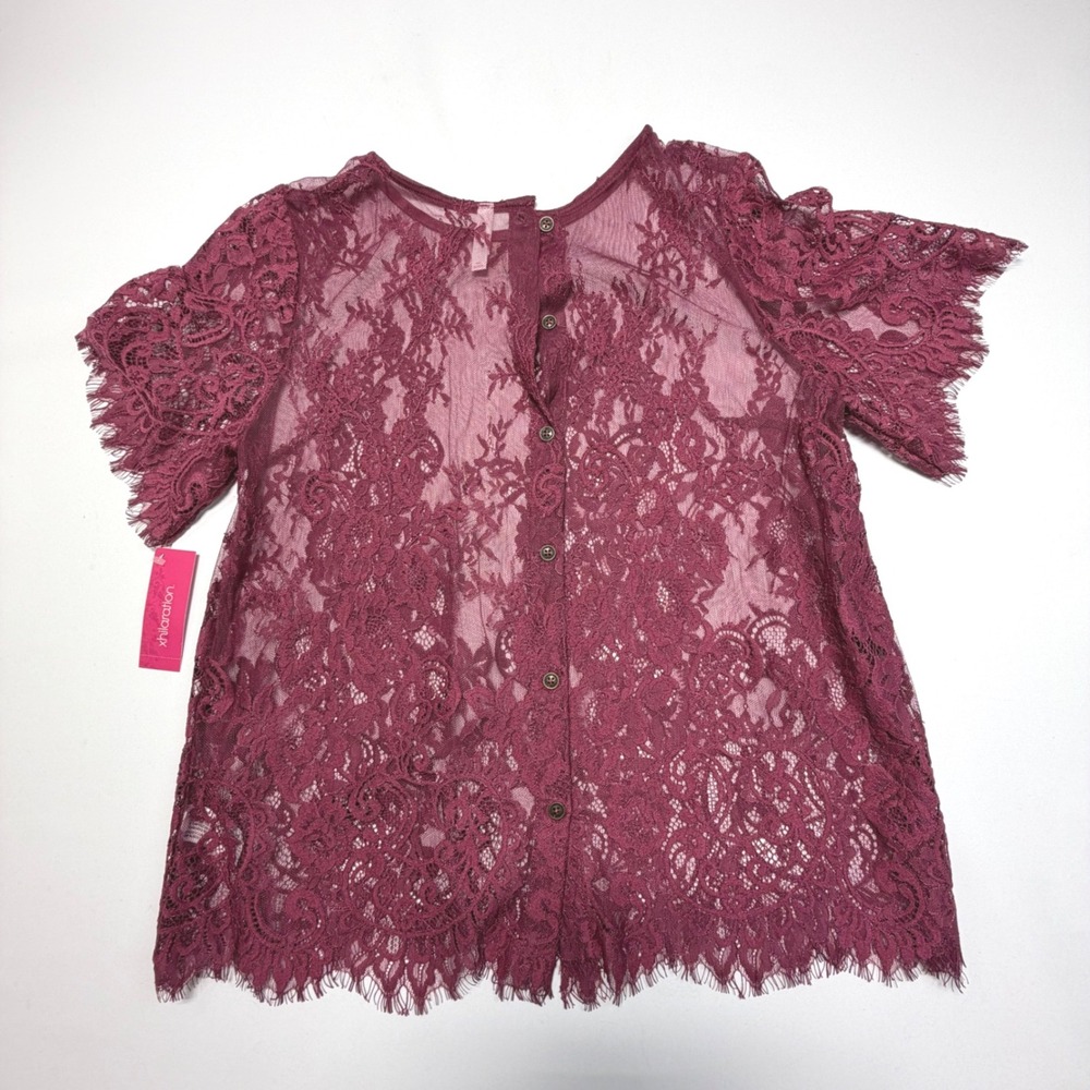 Xhilaration Burgundy Lace Sheer Top L Floral Lace Overlay Blouse Dressy‎ Tee